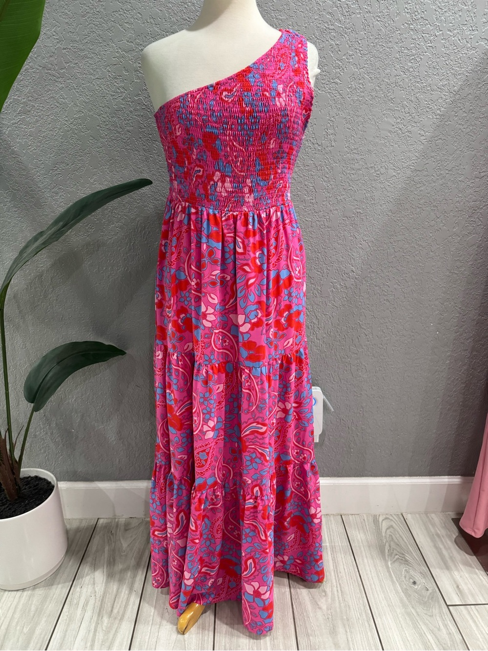 Sugarlips One-Shoulder Maxi Dress in Bright Pink and Red Floral Print